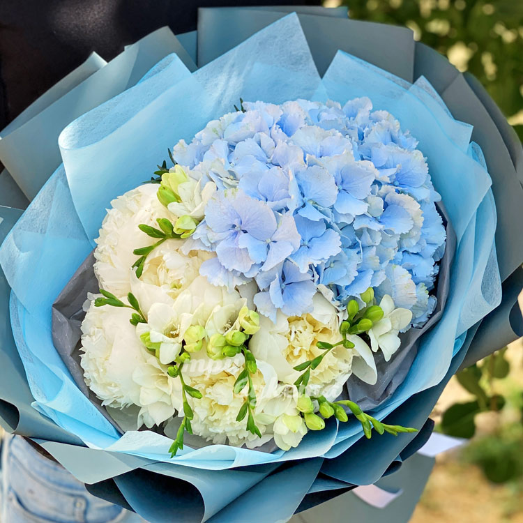 Букет из гортензии и белых пионов (крупный план)