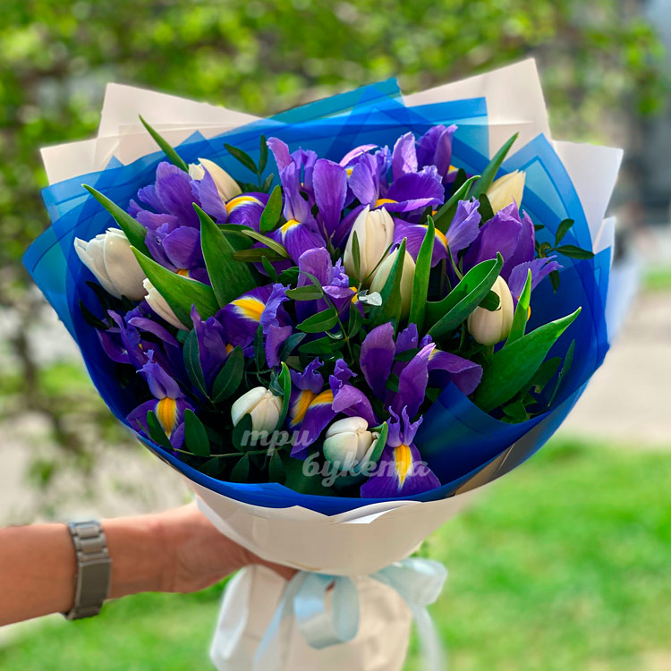 Букет из ирисов и белых тюльпанов (крупный план)