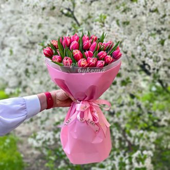 Букет из 33 ярких розовых тюльпанов